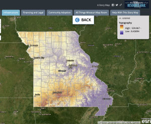 This is a screenshot of a map in the Broadband Planning Story Map. The map is of Missouri and shows topography, or areas of high elevation and areas of low elevation.