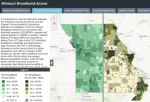 This is a screenshot of the Broadband Access Story Map. It shows self reported data and FCC data on a map.