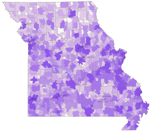 A map of Missouri showing the number of households enrolled in emergency broadband benefit programs.