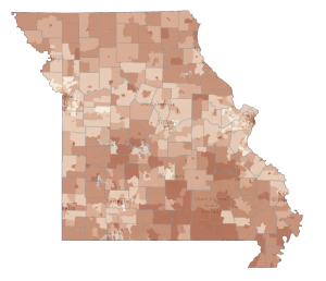 A map of Missouri showing the percent of households that would be considered cost-burdened if the cost of internet was $100