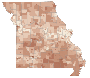 A map of Missouri showing the percentage of households that would be considered cost burdened if internet cost $150