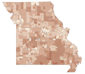 A map of Missouri showing the percentage of households that would be considered cost burdened if broadband cost $50