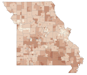 A map of Missouri showing the percentage of people who would be considered cost burdned if internet cost $75 per month