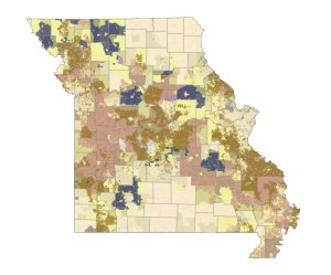 This map of Missouri shows areas where the government has provided funding to help with the cost of broadband infrastructure needs.