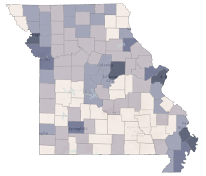 A map of Missouri showing the prevalence at which internet service with speeds of 100/20 mbps are available