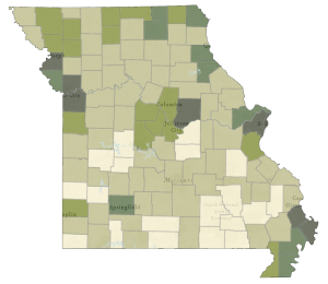 A map of Missouri showing the prevalence of locations that offer broadband speeds of 25/3 mbps