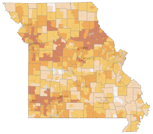 This map of Missouri shows the number of internet service providers by county, census tract, and block group.