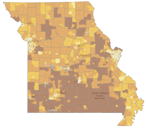 This map of Missouri shows areas that have not recieved federal broadband funding and do not have adequate internet service available.