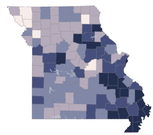 A map of Missouri showing the number of subscribers to the affordable connectivity program.